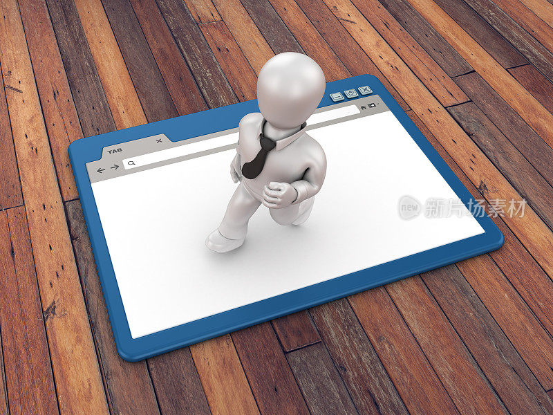 Web浏览器与业务字符运行在木地板背景- 3D渲染